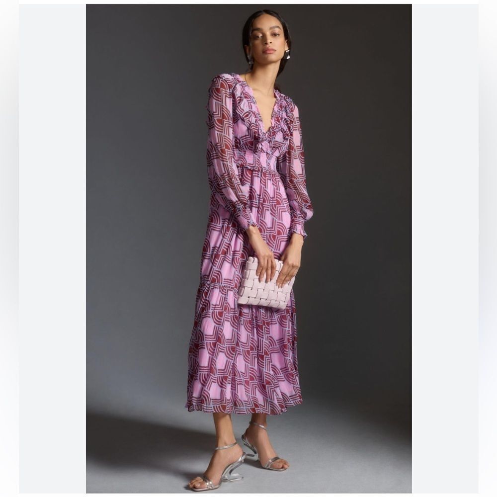 The Odetta Ruffled V-Neck Dress By Anthropologie Small Color:
VIOLET
